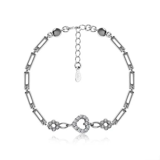 Náramek ze stříbra 925, obdélníkové články, zirkonové srdíčko a kvítky