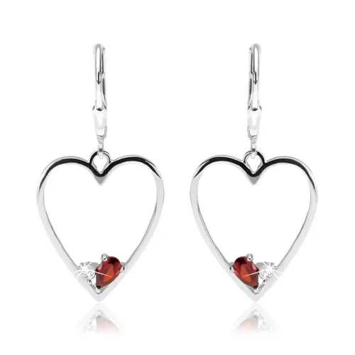 Náušnice ze stříbra 925, symetrický obrys srdce, červený a čirý zirkon