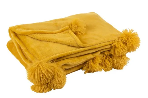 Plyšový pléd s bambulkami v okrové barvě Pompom - 130*170*1 cm J-Line by Jolipa