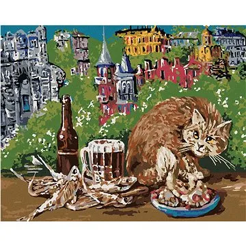 Kočka s jídlem na stole, 80×100 cm, bez rámu a bez vypnutí plátna (6040412)