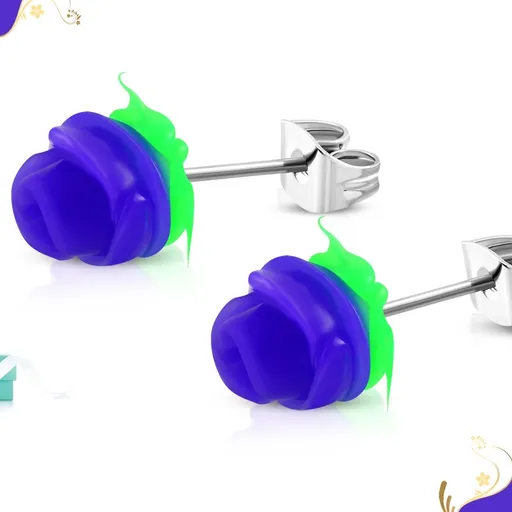 Puzetové ocelové náušnice, tmavě fialová růžička se zelenými lístky