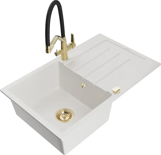 MEXEN/S Bruno granitový dřez s odkapávačem včetně baterie Duo, bílá 6513-20-671701-57-G