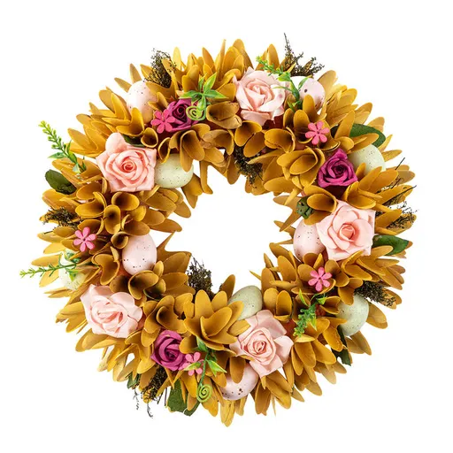 Jarní věnec z dřevěných hoblinek zdobený vajíčky 30 cm