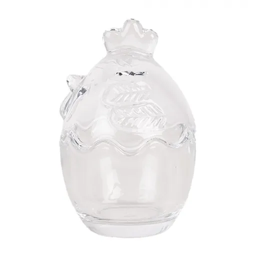 Skleněná dóza s víkem ve tvaru vejce v designu slepičky – Ø 6*9 cm Clayre & Eef