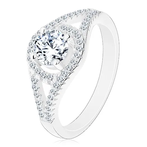 Blýskavý zásnubní prsten, stříbro 925, rozdvojená ramena, kruh se zirkonem - Velikost: 49