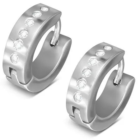 Kloubové ocelové náušnice stříbrné barvy, linie kulatých čirých zirkonů