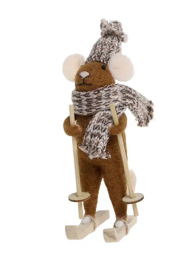 Hnědá plstěná vánoční ozdoba myška na lyžích - 8*7*14 cm Chic Antique