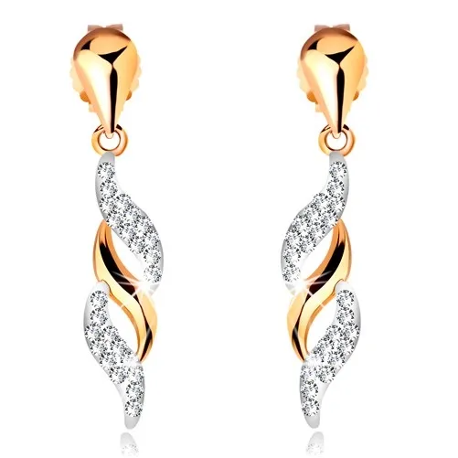 Zlaté náušnice 585 - blýskavé vlnky visící na lesklé kapce, krystalky Swarovski