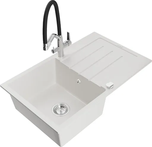 MEXEN/S Bruno granitový dřez s odkapávačem včetně baterie Duo, bílá 6513-20-671701-07