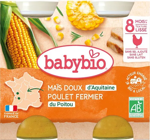BABYBIO Sladká kukuřice s kuřecím masem 2× 200 g (3288131510521)