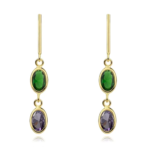 Náušnice ze 14K zlata s oválnými zirkony v zelené a fialové barvě