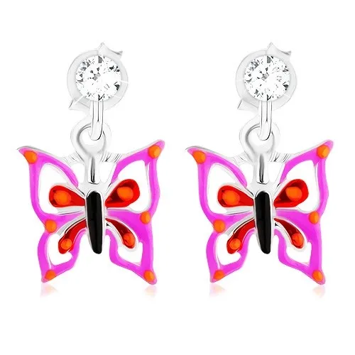 Puzetové stříbrné 925 náušnice, motýlek ve fialovo-červeném odstínu, krystalek