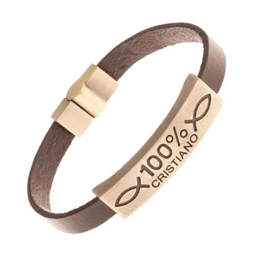 Náramek z umělé kůže hnědé barvy, známka s nápisem 100% CRISTIANO