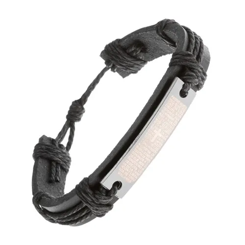 Náramek z černé kůže a šňůrek, lesklá známka s modlitbou