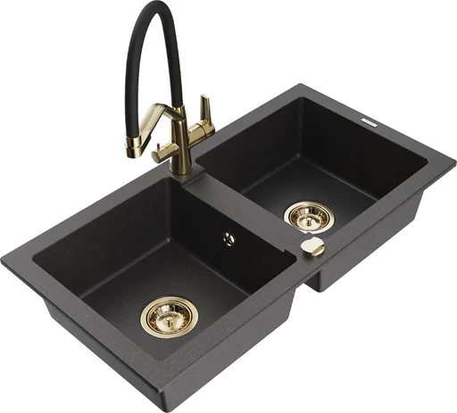 MEXEN/S Mario granitový dřez 2-bowly včetně baterie Duo, černá kropenatá 6504-76-671701-57-G