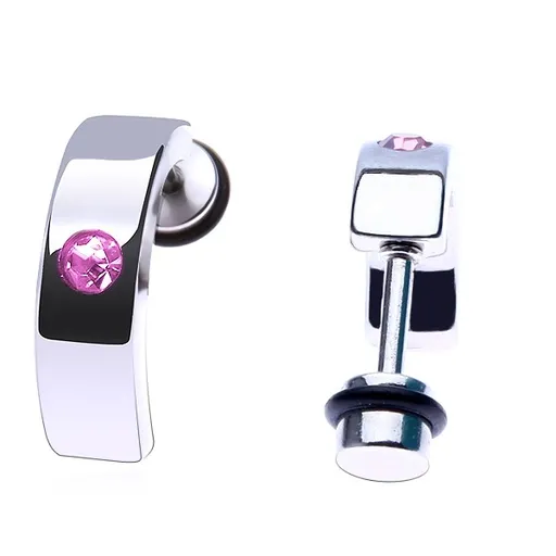 Ocelový fake piercing do ucha - lesklý pás s růžovým kamínkem