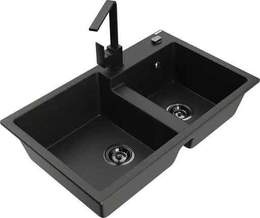 MEXEN/S Tomas granitový dřez 2-bowl včetně baterie Rita, černá/zlatá metalik 6516-75-670300-70-B