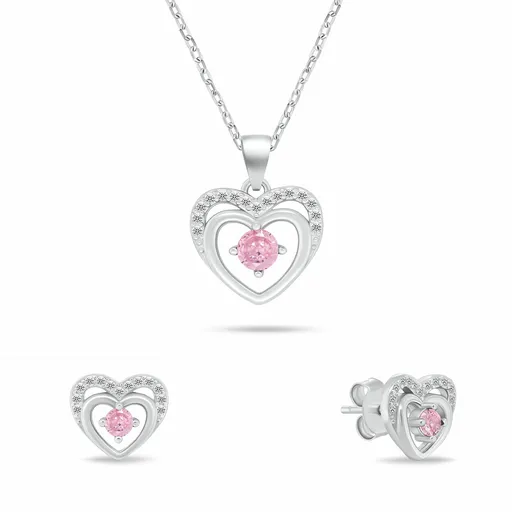 Brilio Silver Set šperků Srdíčka s růžovými zirkony SET295WP (řetízek, přívěsek, náušnice)