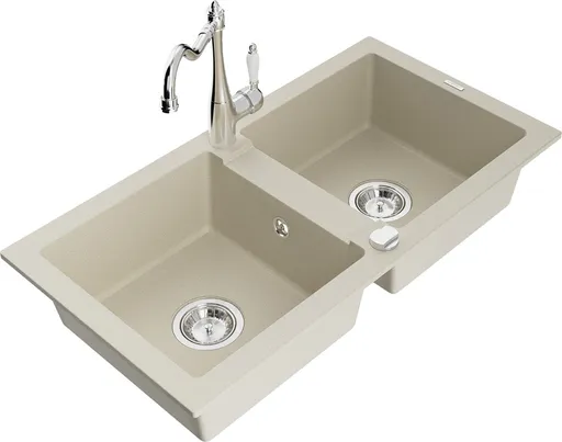 MEXEN/S Mario granitový dřez 2-bowl včetně baterie Carla, béžová 6504-69-670700-00