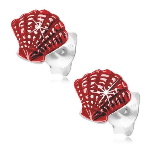 Stříbrné náušnice 925, gravírovaná mořská mušle, červená glazura, puzetky