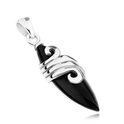 Přívěsek ze stříbra 925, ovál s černým kamenem, lesklé linie a spirály