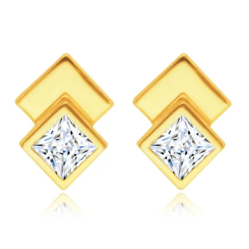 Puzetové náušnice ve žlutém zlatě 585 - dva kosočtverce, blýskavý zirkon čiré barvy