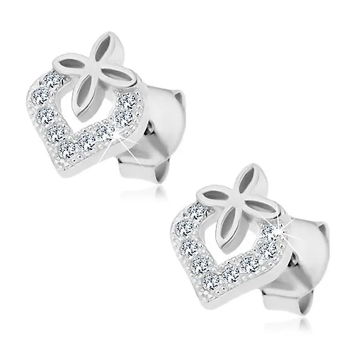 Stříbrné náušnice 925, neúplný obrys srdce se zirkony, malý kvítek