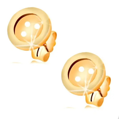 Náušnice ve 14K žlutém zlatě - kulatý knoflík se čtyřmi dírkami, puzetky