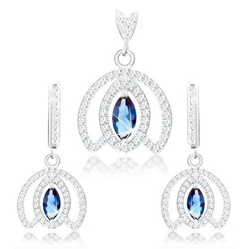 Stříbrná 925 sada, přívěsek a náušnice, obrys kalichu, modrý zirkon