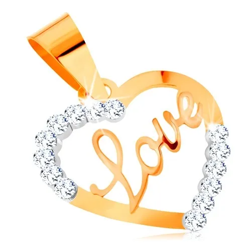 Přívěsek ve žlutém 14K zlatě - kontura srdce s nápisem uprostřed a se zirkonky