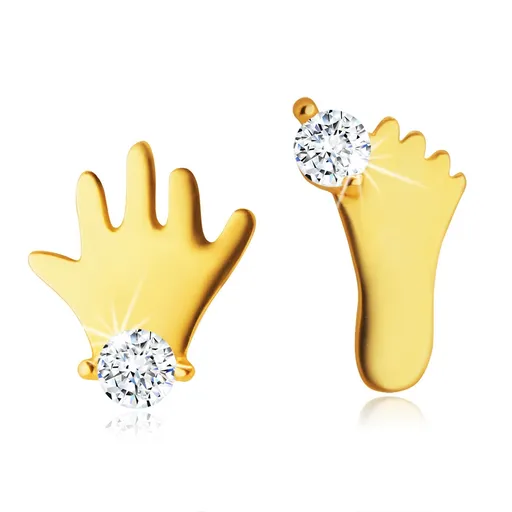 Puzetové náušnice ve žlutém 14K zlatě - silueta nožičky a ručičky s čirým zirkonem
