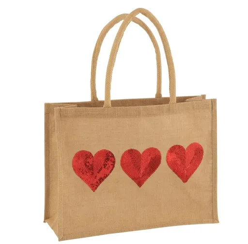Plážová jutová taška s flitrovými srdíčky Beach Bag Jute - 43*16*33 cm J-Line by Jolipa