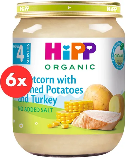 HiPP BIO Bramborové pyré s kukuřicí a krůtím masem - 6× 125 g (4062300276628)