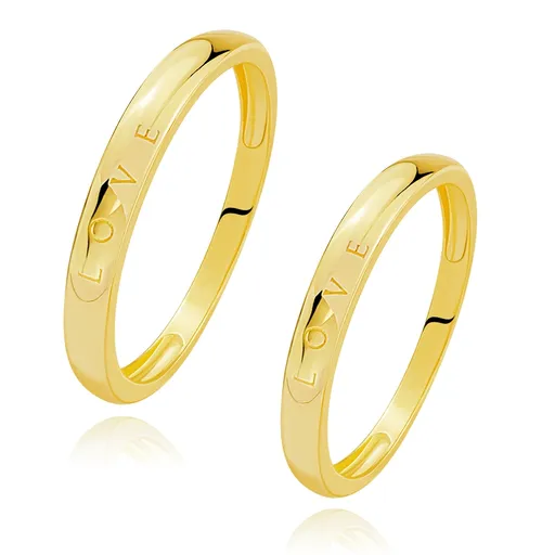 Zlaté snubní prsteny ze žlutého zlata 585 - gravírovaný nápis LOVE, zaoblená ramena - Velikost: 49