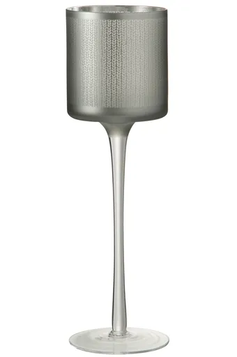 Šedivo skleněný svícen na noze s pleteným vzorem L - 9*9*30 cm J-Line by Jolipa