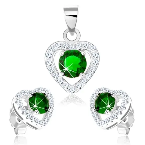 Set ze stříbra 925, náušnice a přívěsek, obrys srdce se zeleným zirkonem