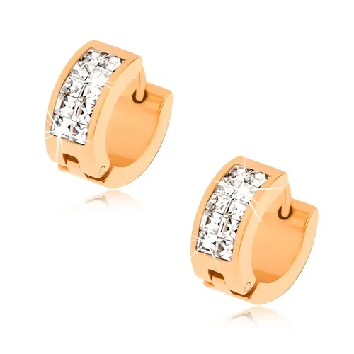 Náušnice z oceli ve zlaté barvě, dvojitá linie čirých zirkonů