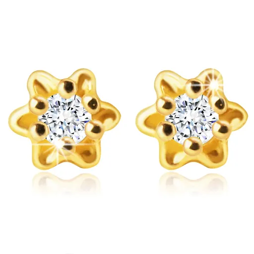 Diamantové náušnice ze 14K zlata - drobný květ s čirým briliantem, puzetky