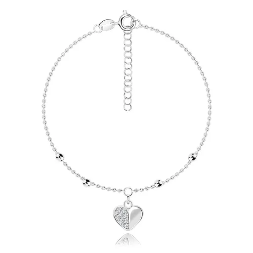 Stříbrný náramek 925 - nastavitelný, přívěsek srdce, kulaté zirkony, hladké korálky