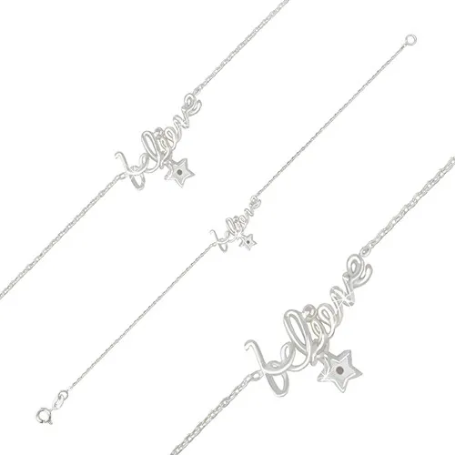 Náramek ze stříbra 925 - lesklý ozdobný nápis "believe" a zirkonová hvězdička