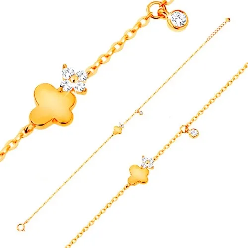 Zlatý náramek 585 - motýlek se zářivým kvítkem a visící čirý zirkonek