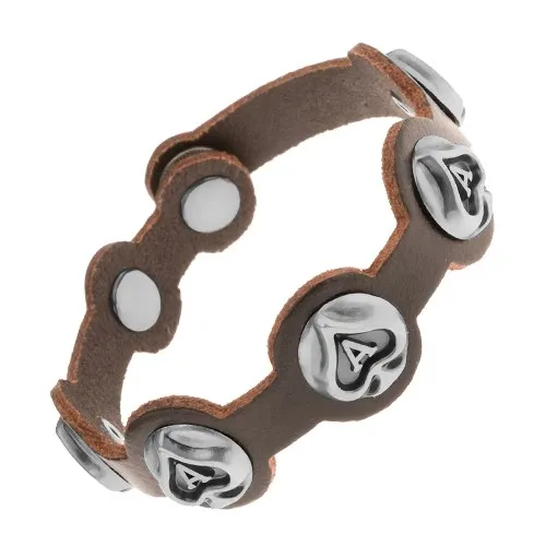 Náramek z tmavohnědé syntetické kůže, karetní symboly - piková esa