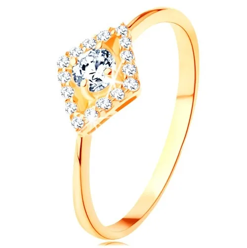 Prsten ze žlutého 14K zlata - kulatý čirý zirkon v blýskavém obrysu kosočtverce - Velikost: 59