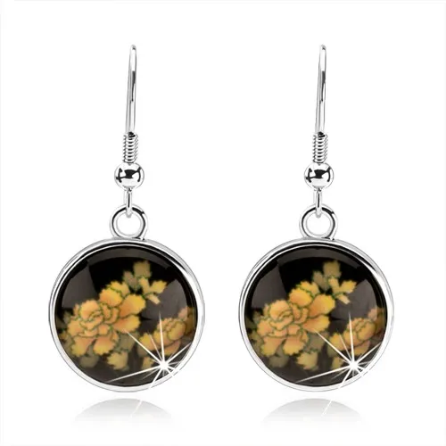 Kabošon náušnice s vypouklou glazurou, žluté kvítky na černém pozadí, afro háčky