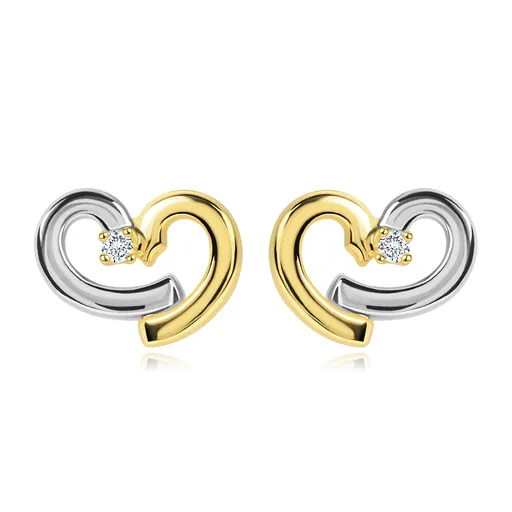 Náušnice ze 14K kombinovaného zlata - srdce ze žlutého a bílého zlata, čirý zirkon