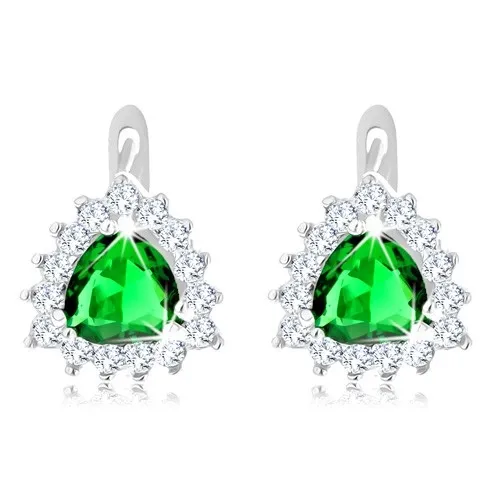 Stříbrné náušnice 925, zelený broušený trojúhelník, blýskavé čiré zirkonky po obvodu