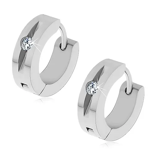 Lesklé ocelové náušnice stříbrné barvy, čirý kulatý zirkon