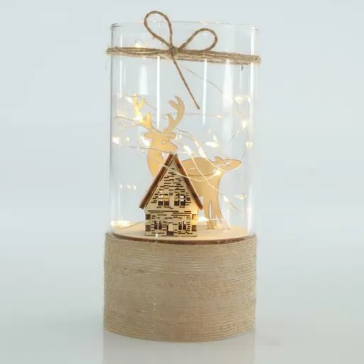 Eurolamp Skleněný dekor s chaloupkou a sobem, 9 x 18 cm