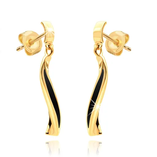 Zlaté náušnice 14K oblouk s vlnkou a černou glazurou
