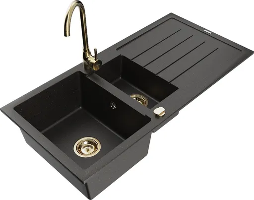 MEXEN/S Andres granitový dřez s odkapávačem včetně baterie Telma, černá/zlatá 6515-75-670200-50